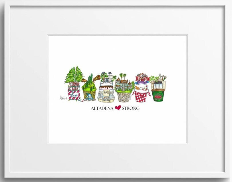 A framed art print featuring a colorful hand-drawn illustration of Altadena storefronts and the text 'ALTADENA STRONG' with a red heart, shown in a white frame against a white background.