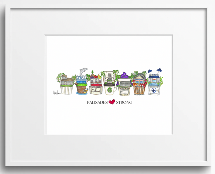 A framed art print featuring a colorful watercolor illustration of various Jerusalem market stalls with the text 'PALMASEDES ♥ STRONG' below, presented in a white frame against a white background.