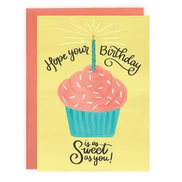 A birthday greeting card featuring a cupcake illustration with pink frosting, a teal cup liner, and a single lit candle. The card reads 'Hope your Birthday is as Sweet as you!' in black script on a pale yellow background, with a coral-pink border and matching backing card visible behind it.