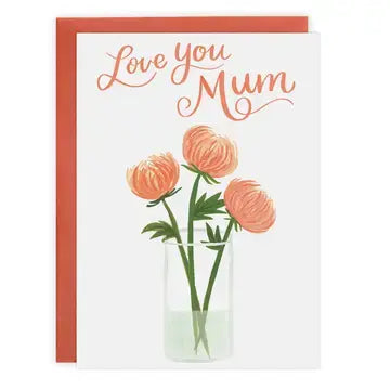 A greeting card with a white front featuring the words 'Love you Mum' in coral script above an illustration of three peach flowers in a clear glass vase, with a coral-red envelope behind it on a white background.