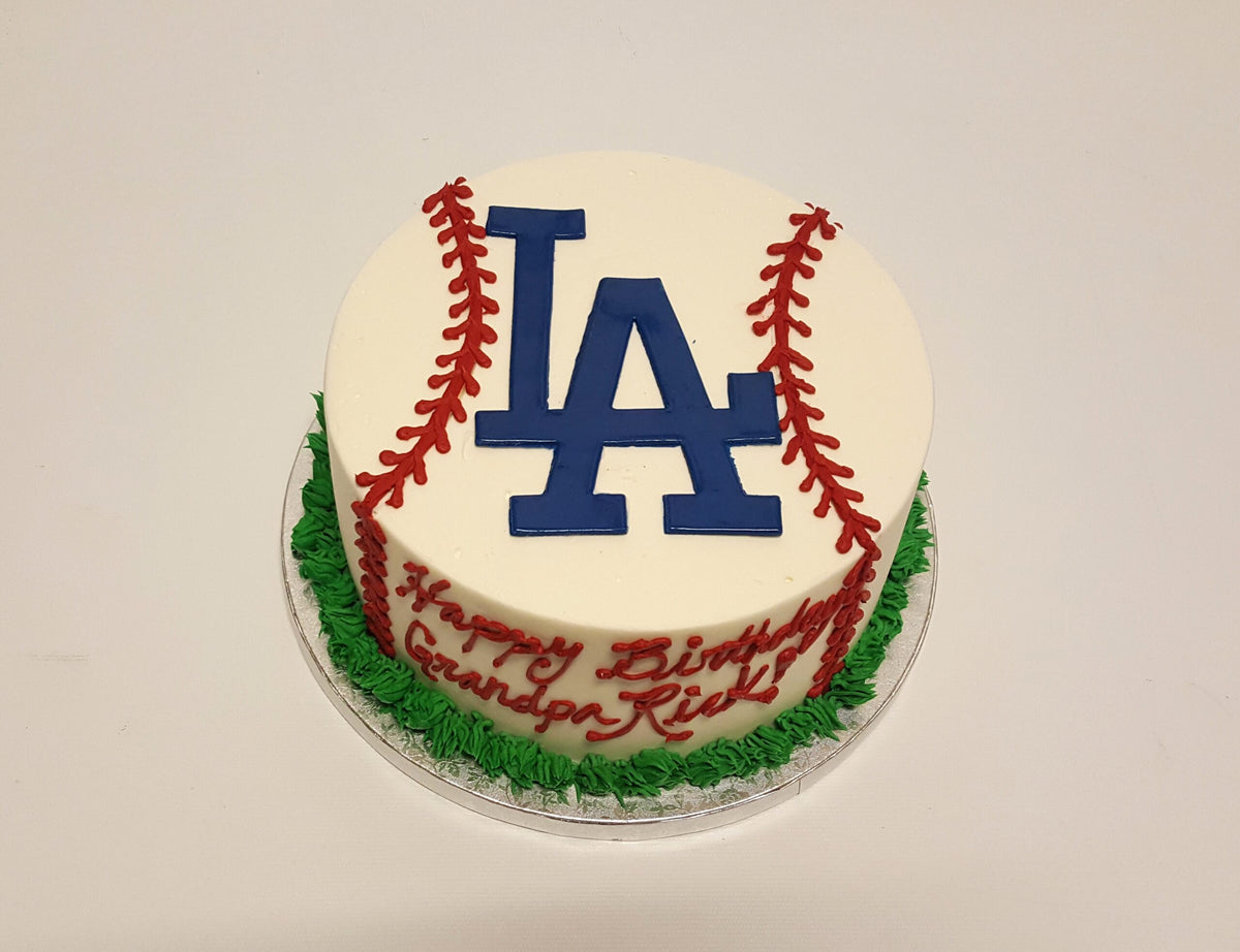 Los Angeles Dodgers-themed birthday cake in Dodger blue with team logo details