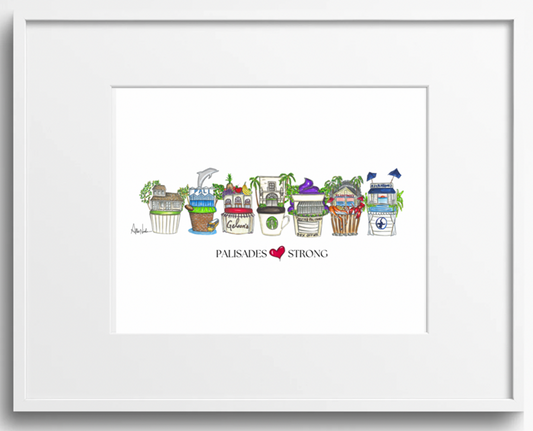 A framed art print featuring a colorful watercolor illustration of various Jerusalem market stalls with the text 'PALMASEDES ♥ STRONG' below, presented in a white frame against a white background.