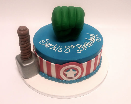 Custom cake decorated with a Marvel superhero theme