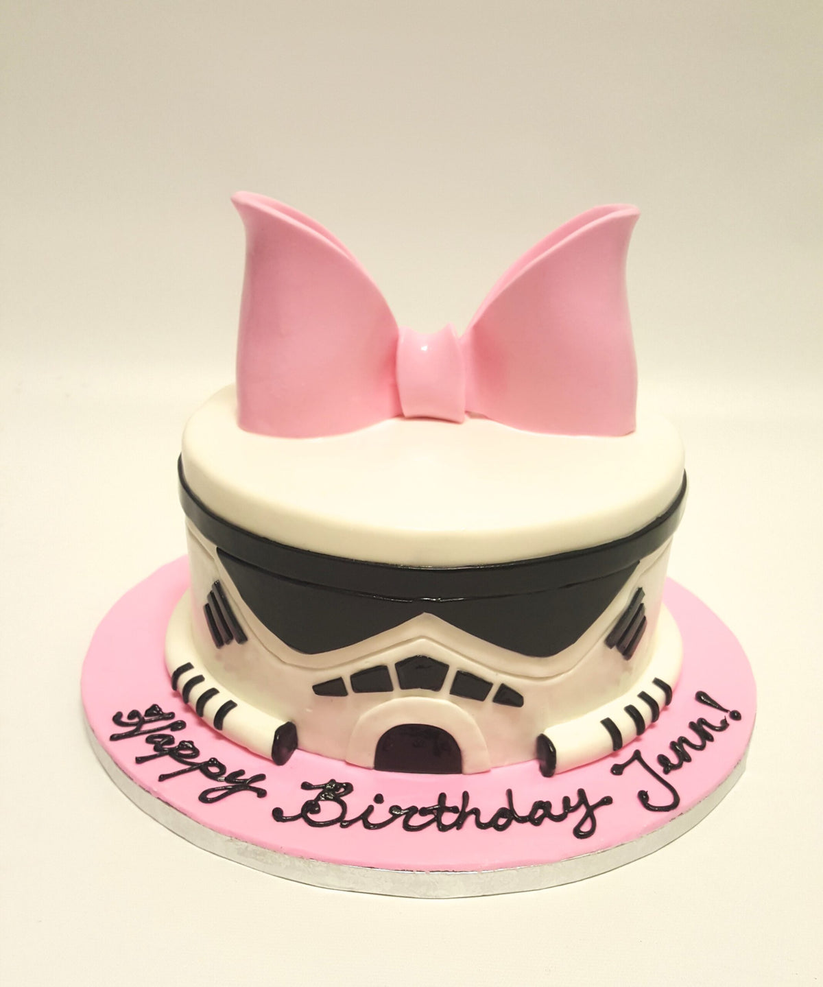 Star Wars Storm Trooper birthday cake in a pink color palette